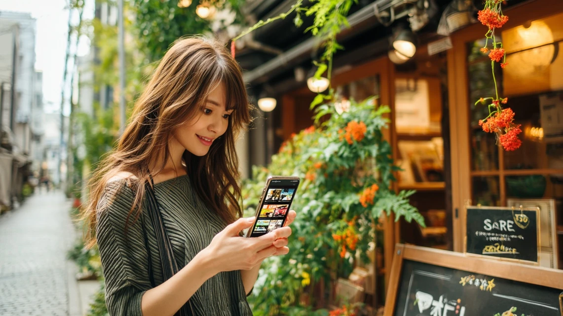 スマホでまるまつの半額クーポンを確認する女性