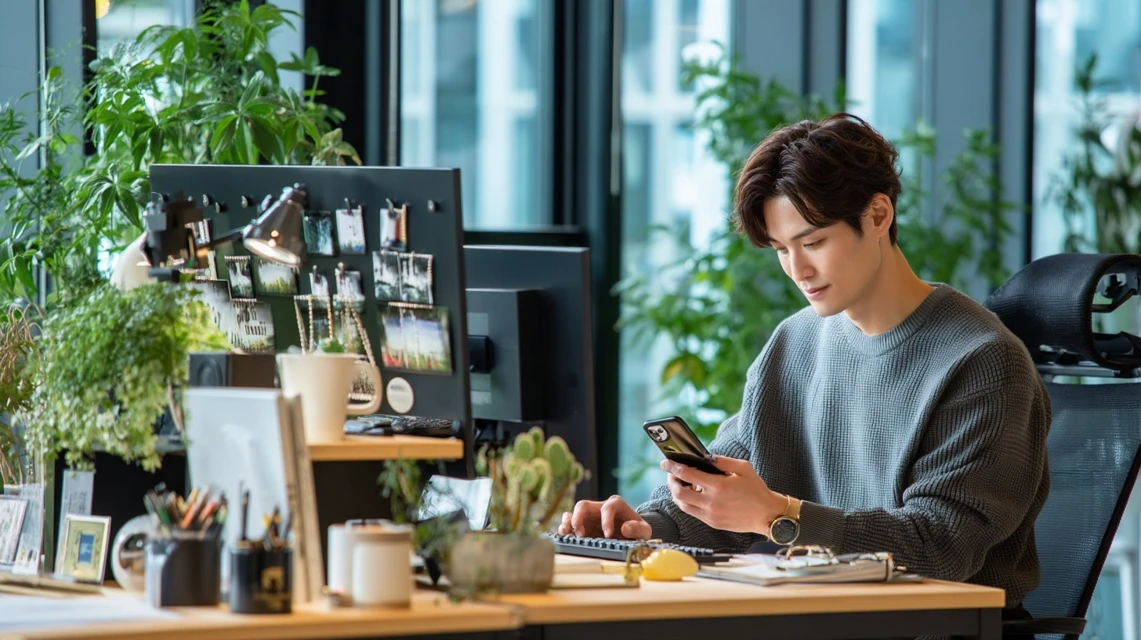 スマートフォンでライフフィットのクーポンを確認する日本人男性