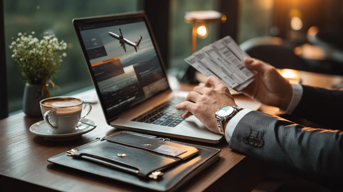 パソコンでチケット購入方法を比較する男性