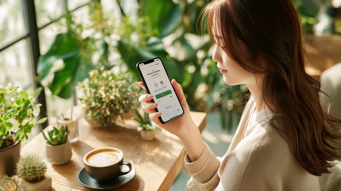 日本人が支払い設定を確認する様子
