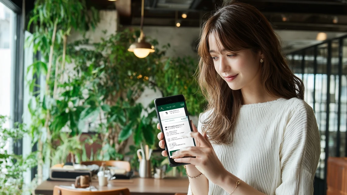 LINEでまるまつクーポン通知を確認する女性