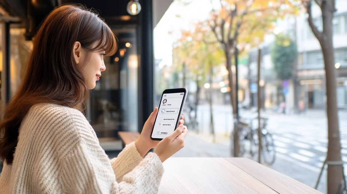 女性がアプリ画面を見て確認する様子