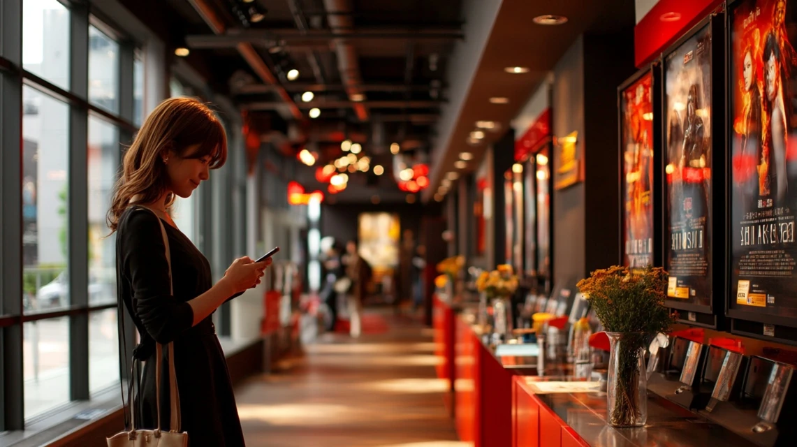 映画館の割引カレンダーを確認する日本人女性