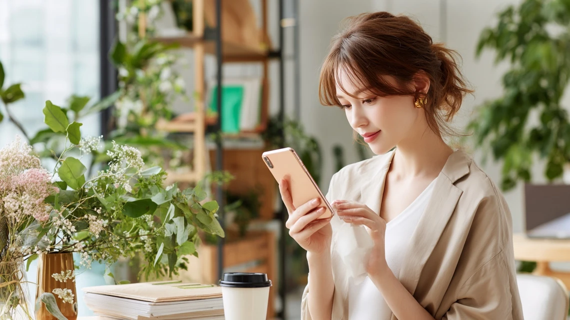 スマホでポイントを確認する女性