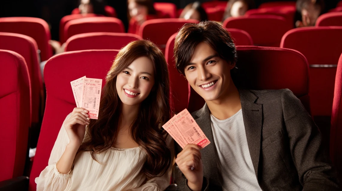 映画館の座席を選ぶ日本人カップル