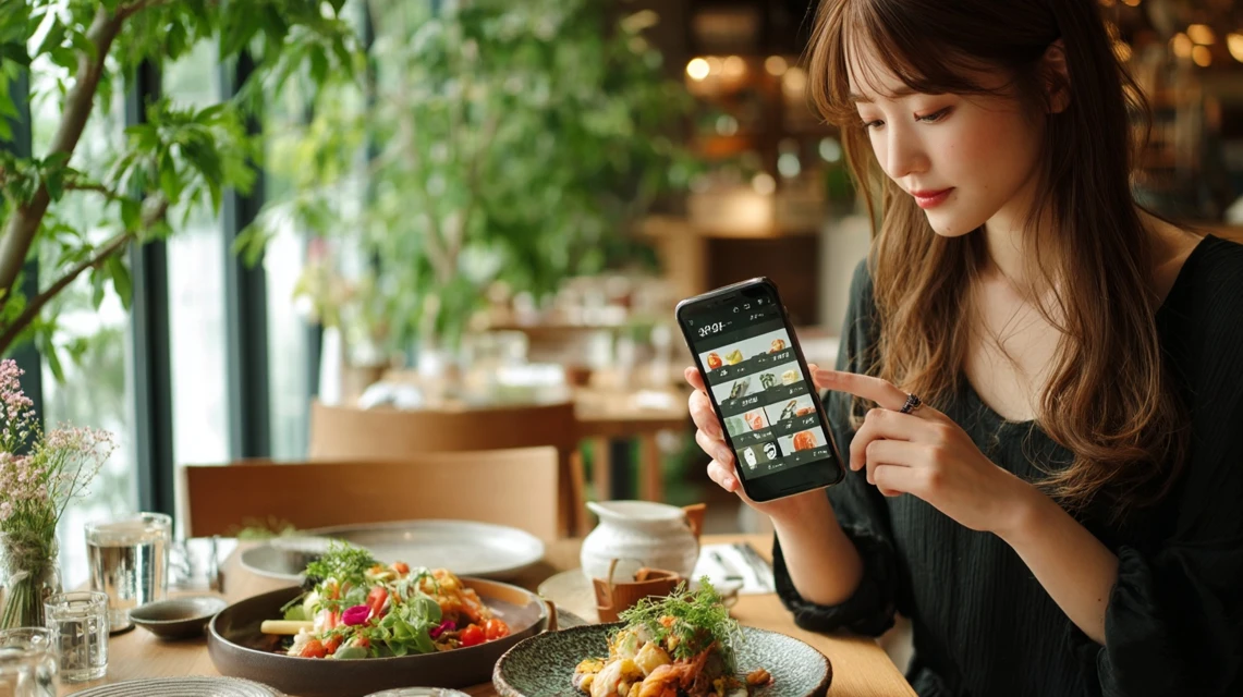 店員にスマホクーポンを提示する女性