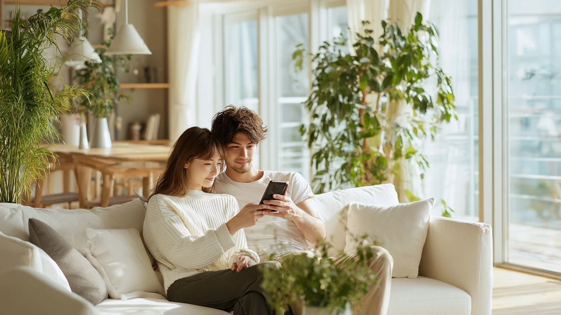 スシローのクーポン活用法を調べる日本人カップル