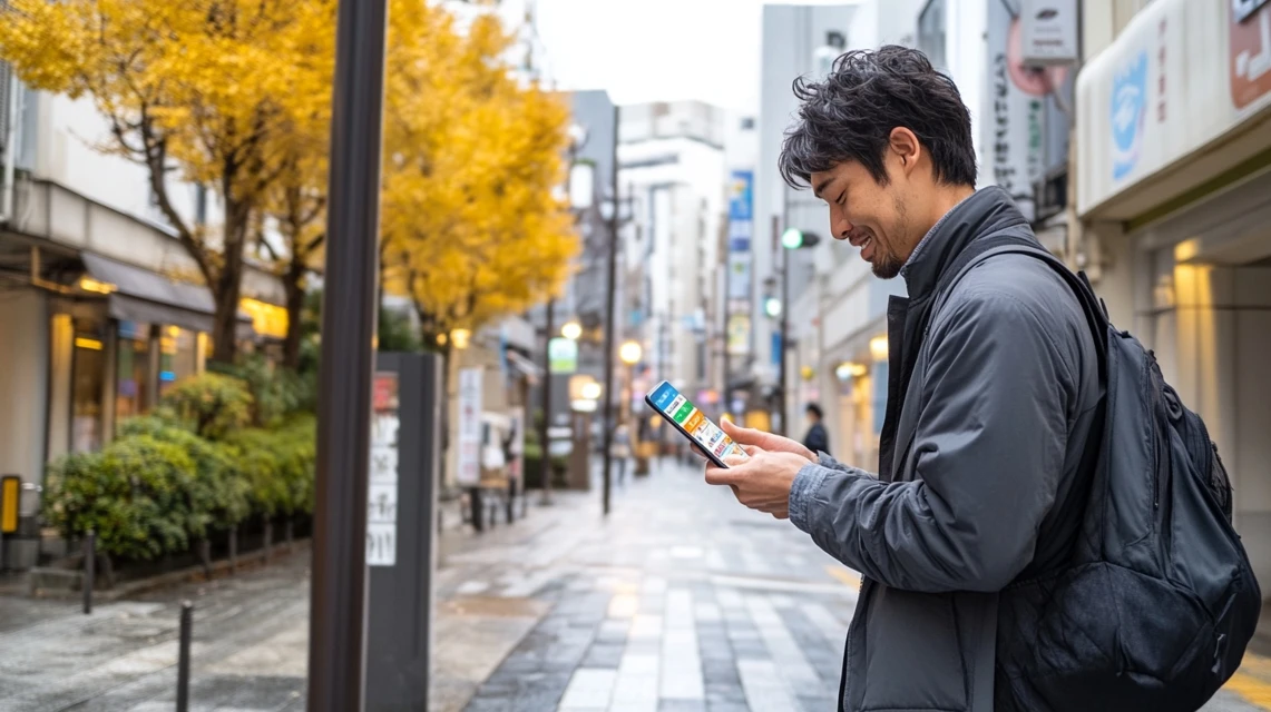 男性がスマホでクーポンアプリを開く場面