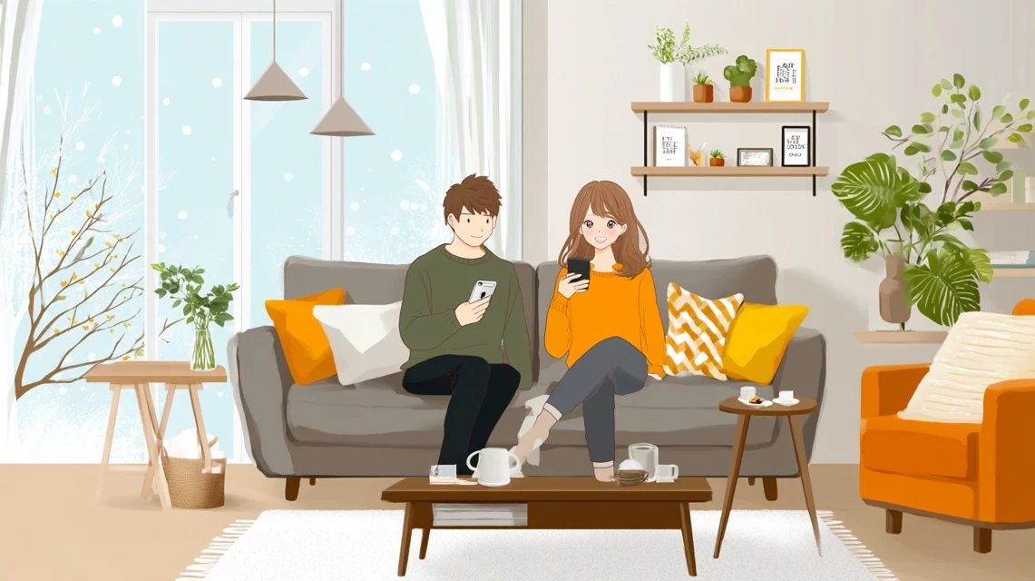 ナッシュ割引の理解を深めたカップルが画面を見る構図