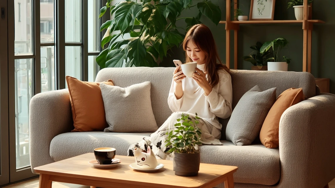 予約サイト割引を確認する女性の画像
