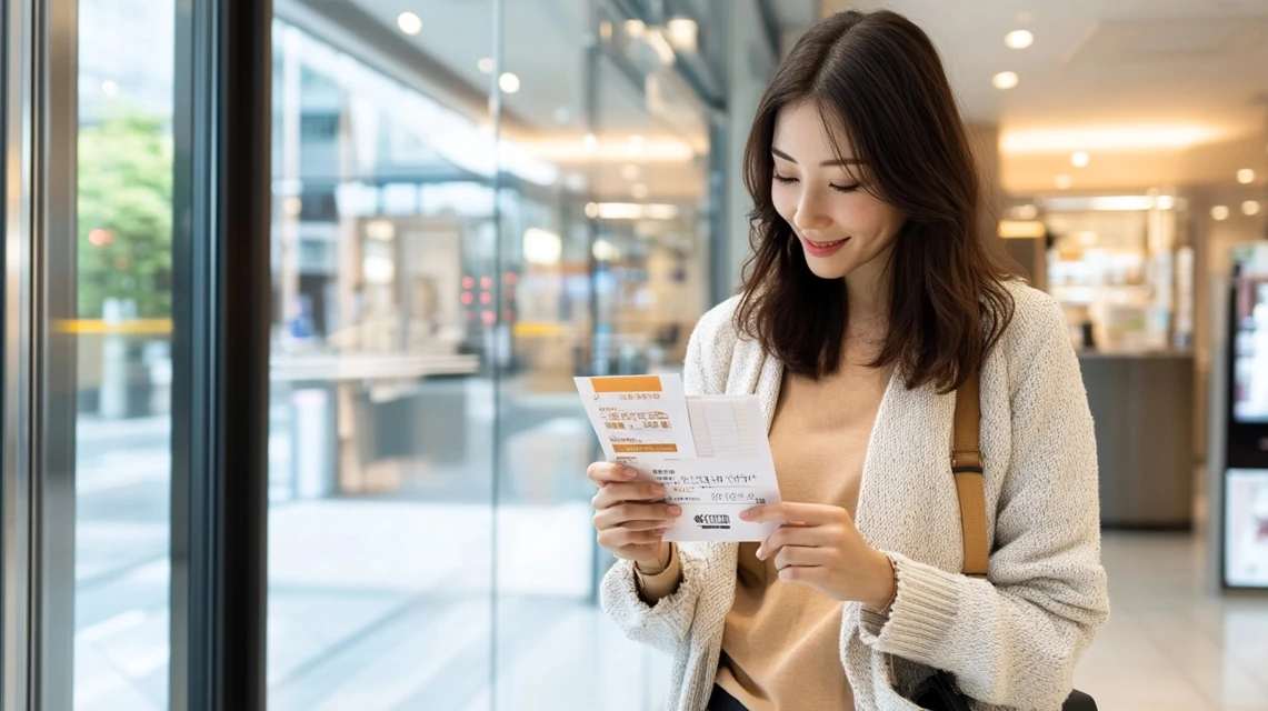 女性が紙とスマホのクーポンを比較して確認