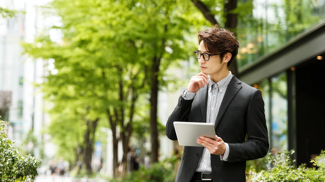 タブレットを見ながら考える日本人男性