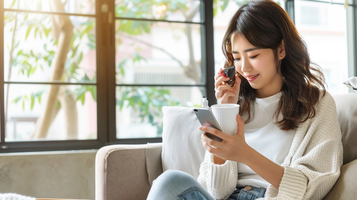 ブランド特徴を確認する日本人が画面を見る姿