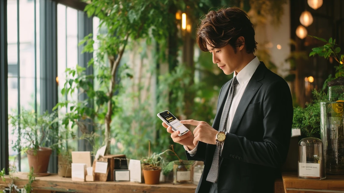 スマホで会員アプリを確認する日本人男性