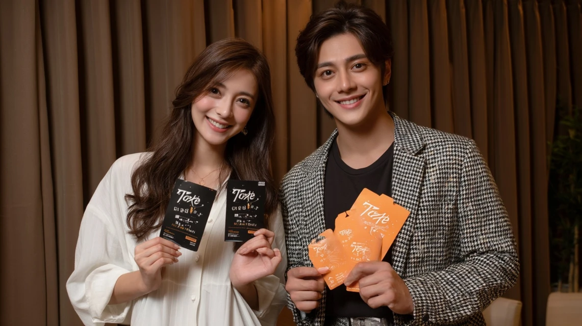 映画館前で笑顔の日本人カップルがチケットを手にする