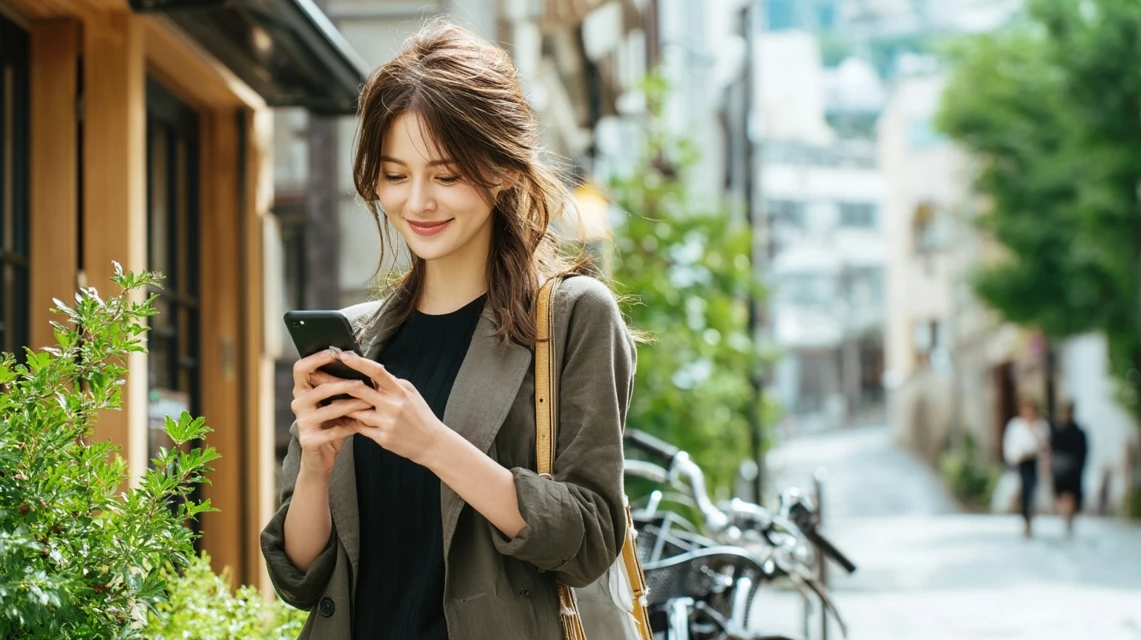 ホットペッパーでまるまつの割引情報を探す女性