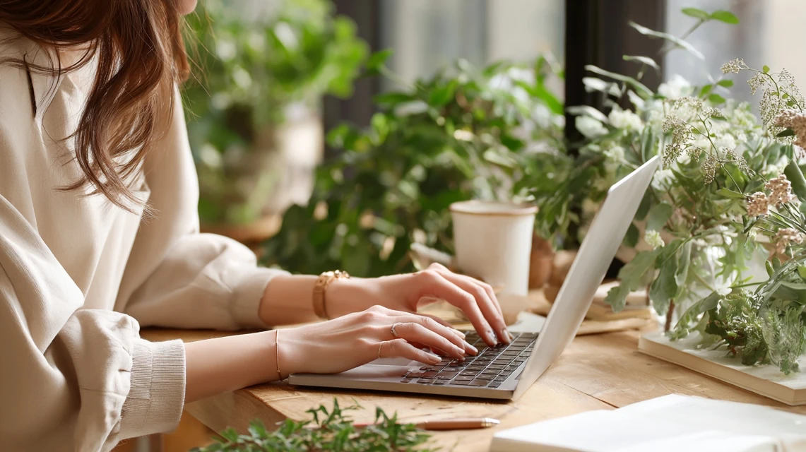 パソコンで正確にクーポンを入力する女性