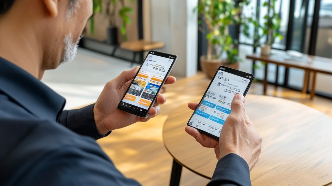 男性がスマホで二つの画面を比較中
