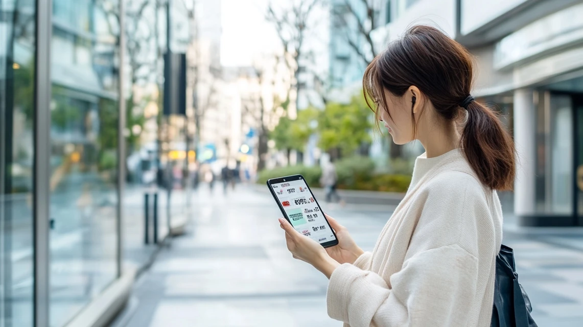 女性がスマホ画面で割引額を比較中