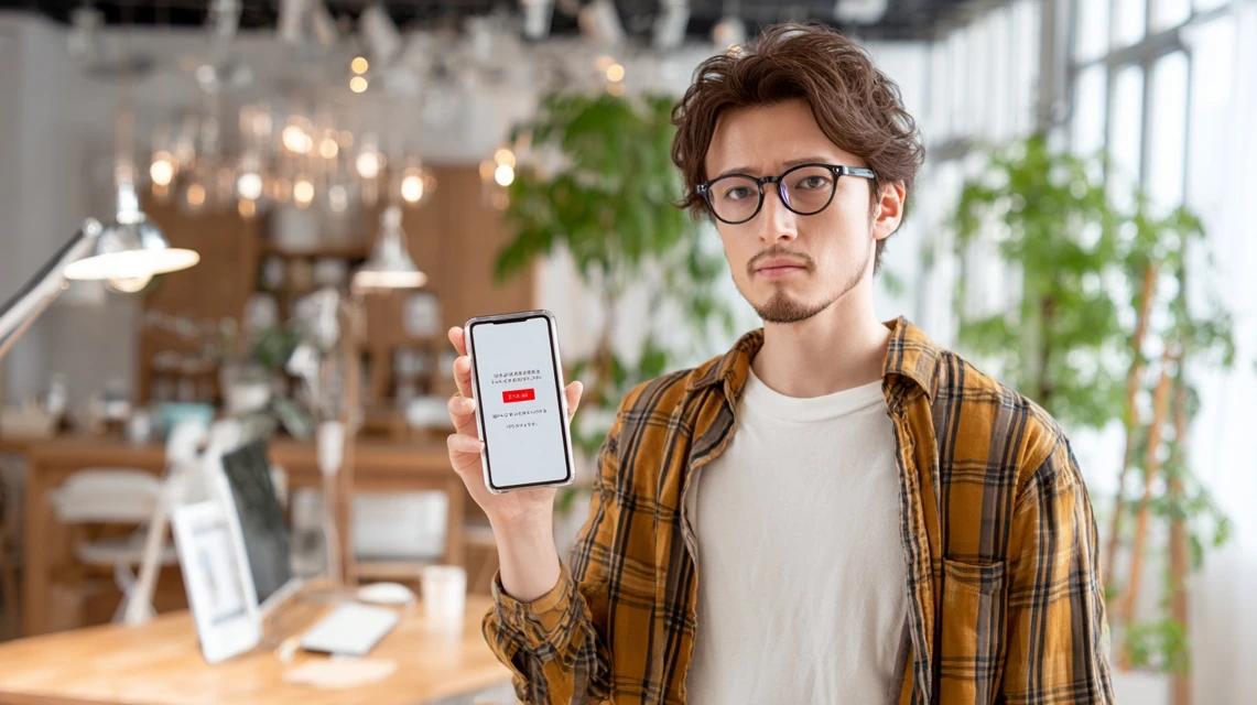 エラー表示を見て困惑する日本人男性
