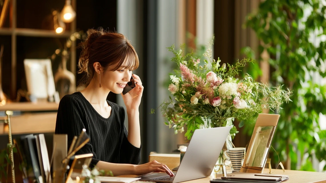 パソコンとスマホで最新クーポン情報を調べる日本人女性