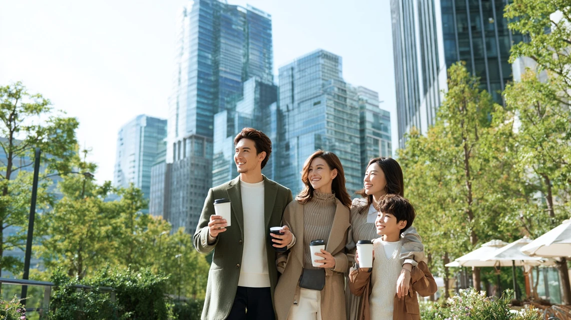 家族が駐車案内を見る様子
