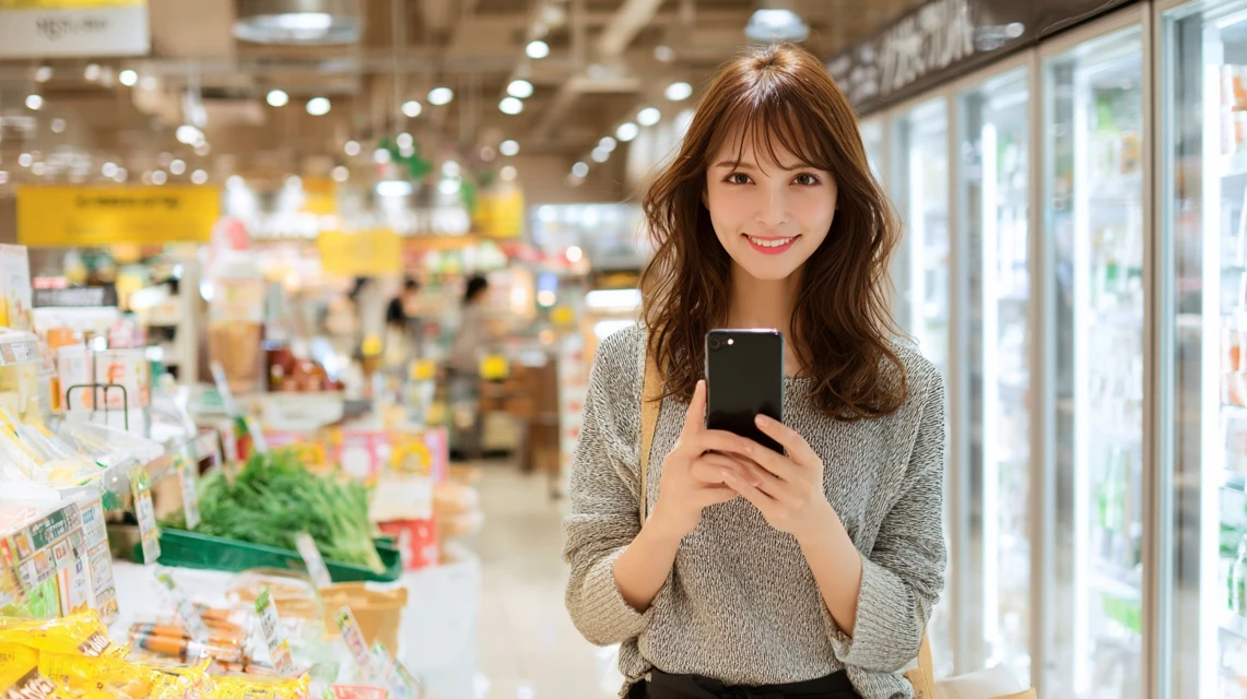 スマホのクーポン画面を見る笑顔の女性