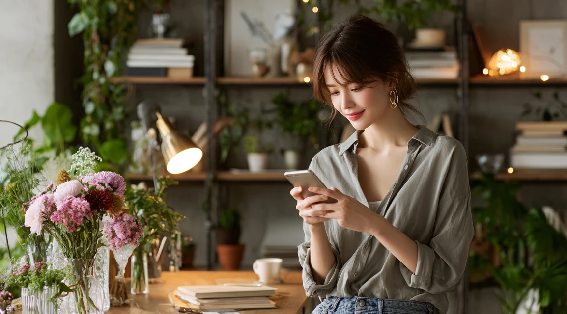 LINEクーポンを確認しスシローで使う日本人女性