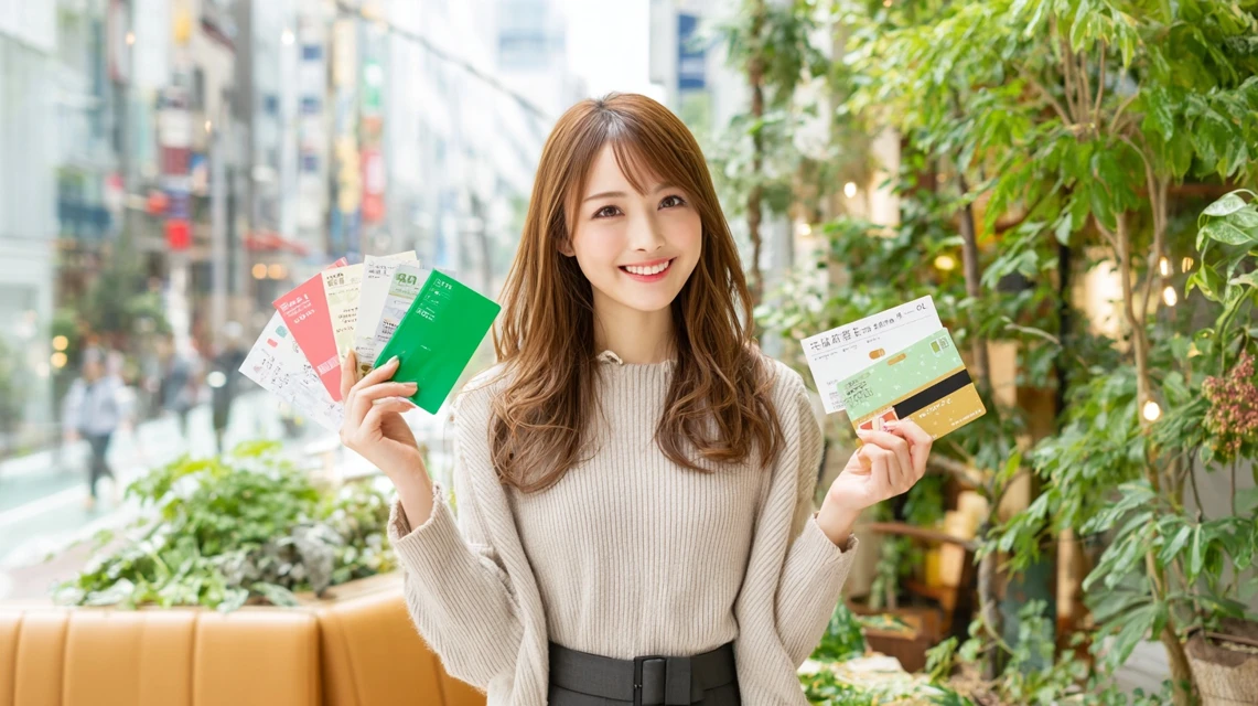 複数クーポンを手にする笑顔の日本人女性
