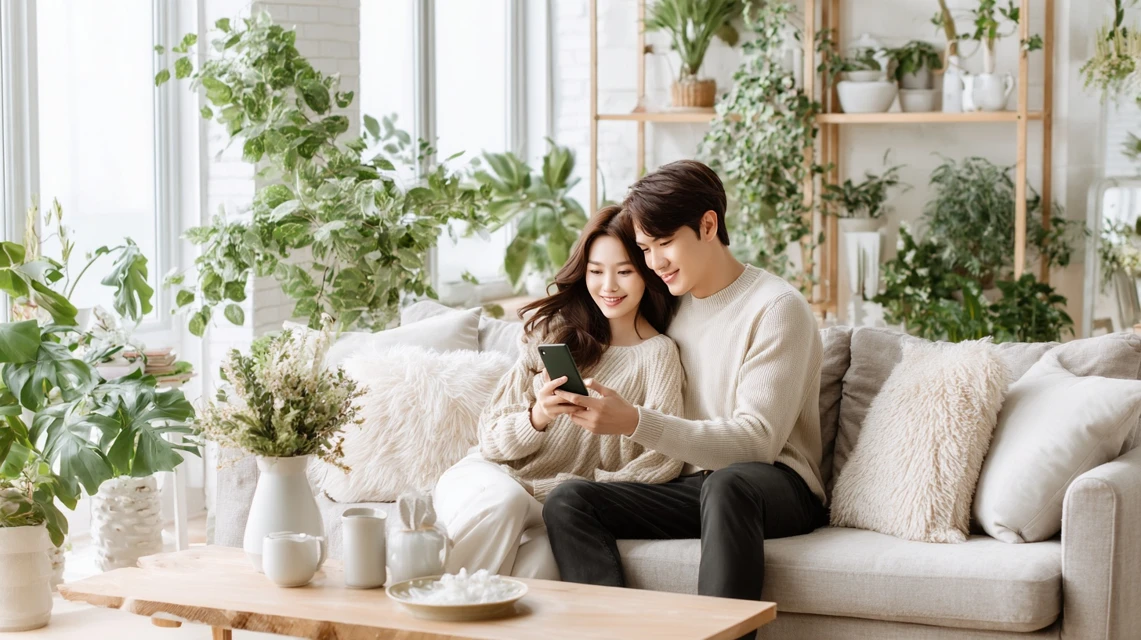 デジタルクーポンアプリ使うカップル