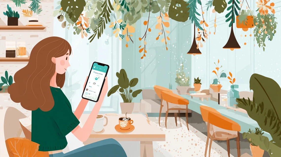 施設魅力を確認する女性の画像