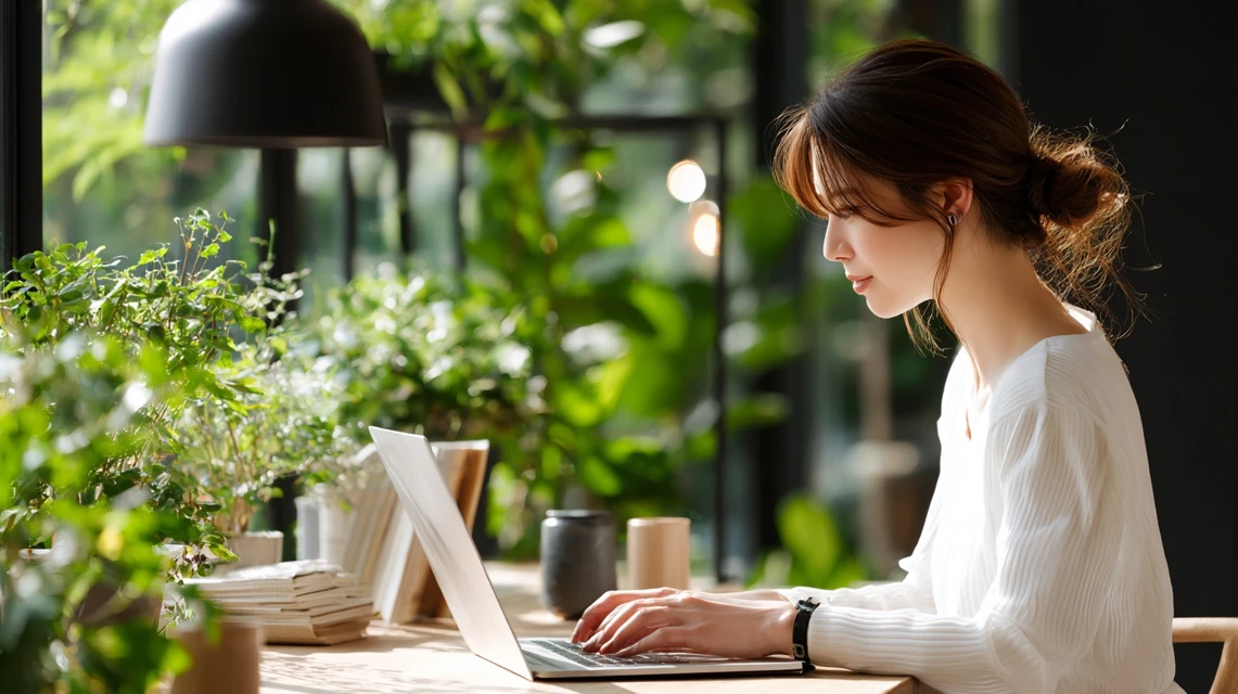 安全性を確認する日本人が注意深く画面を見る場面