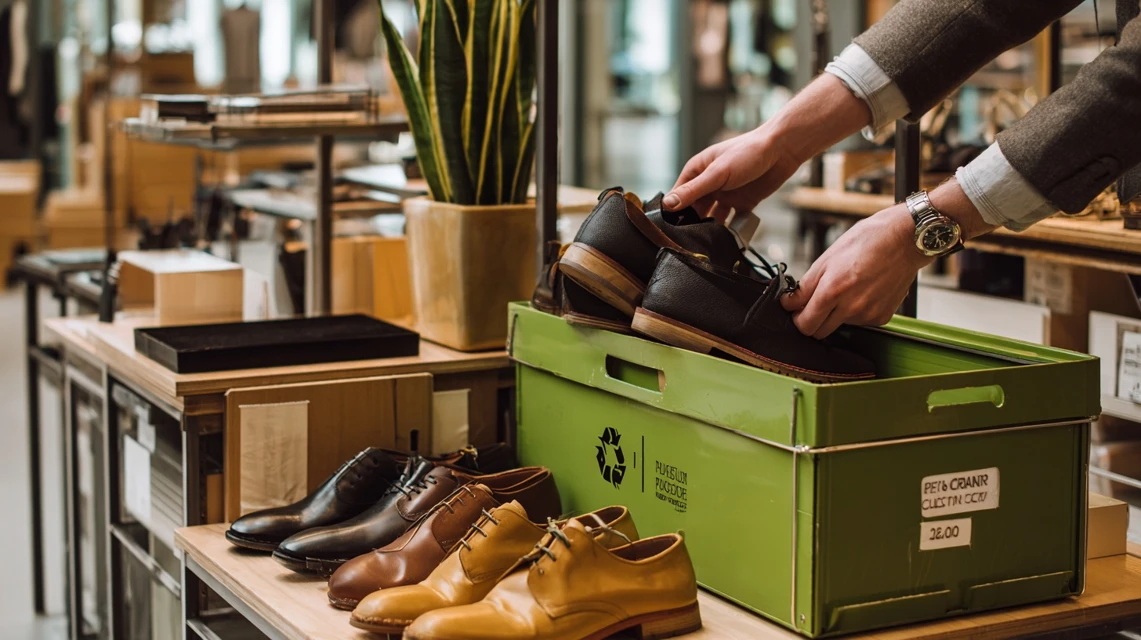 靴を回収ボックスに入れる日本人