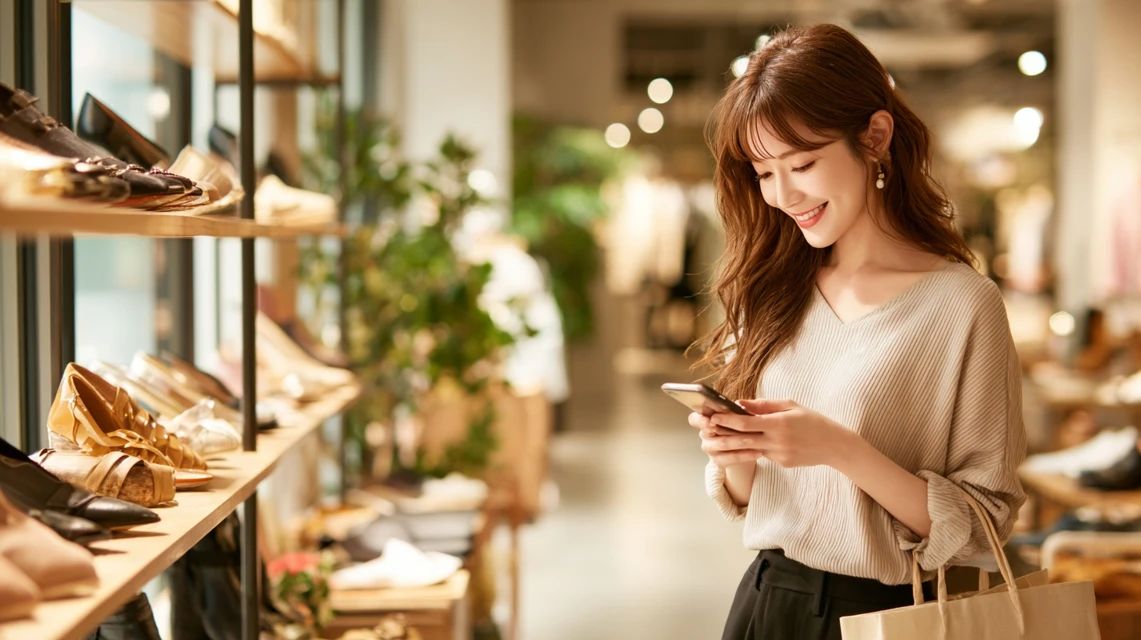 靴店でスマホを見て満足そうに微笑む女性
