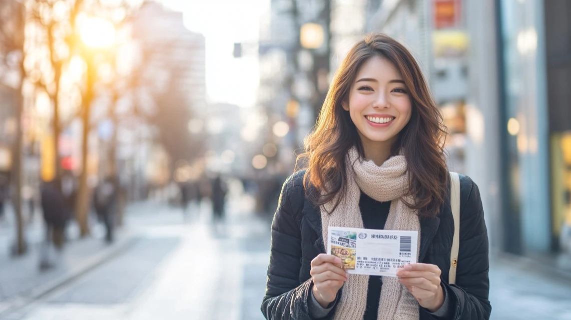 女性がスマホ画面を見て満足げな表情
