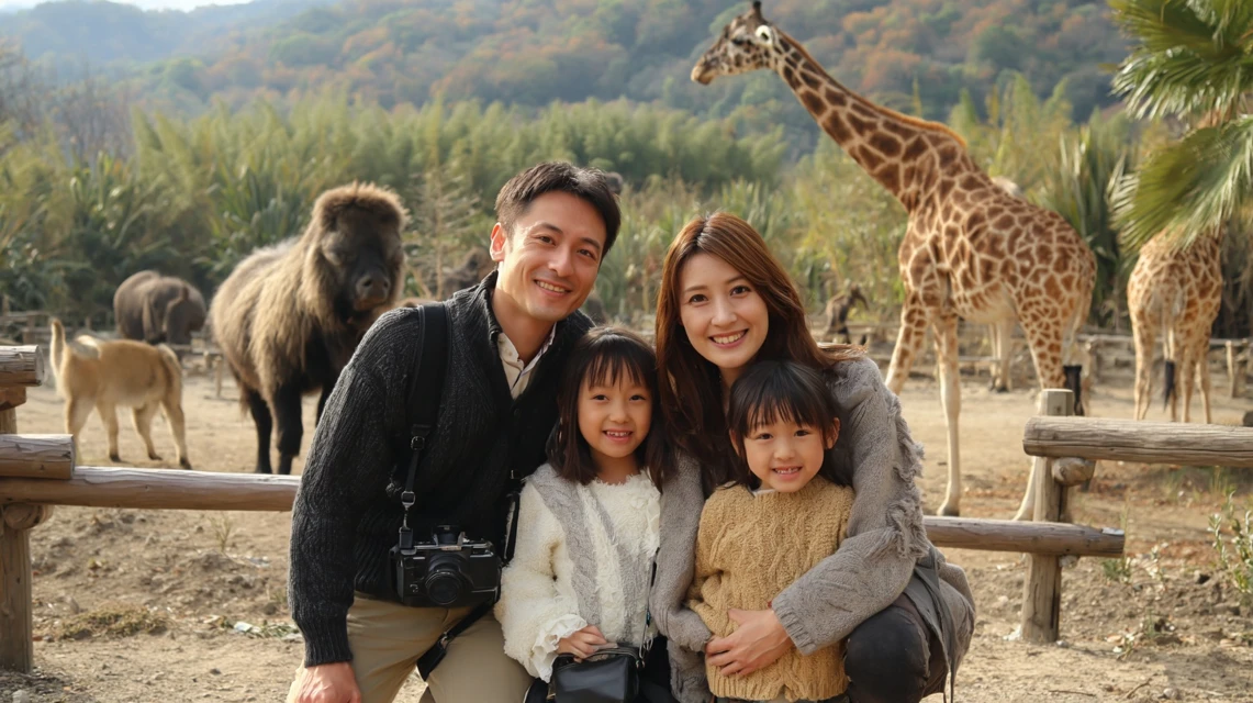 サファリで笑顔の日本人家族と動物たち