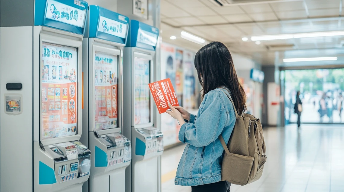 女性がコンビニ端末でチケットを購入中