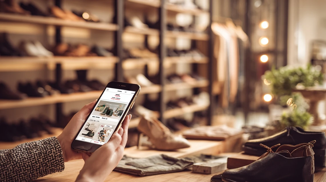 靴店でスマホクーポンを使う日本人女性