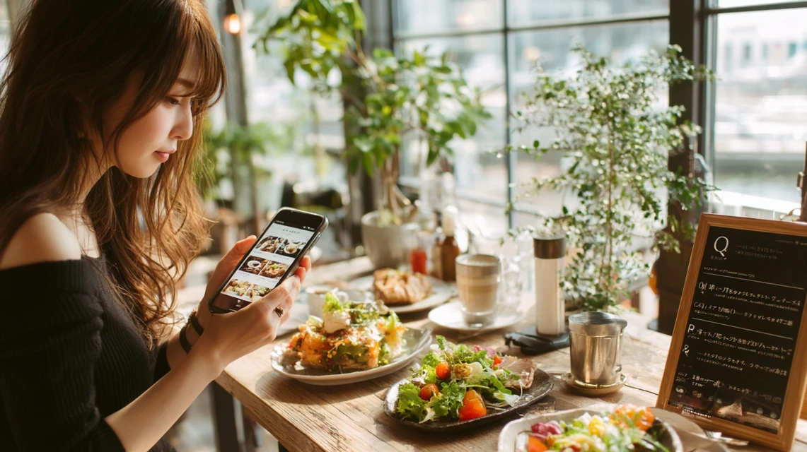 スマホアプリでまるまつの半額情報を見る女性