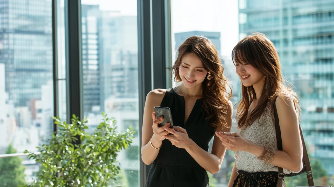 スマートフォンを見ながら笑顔で話す日本人女性二人