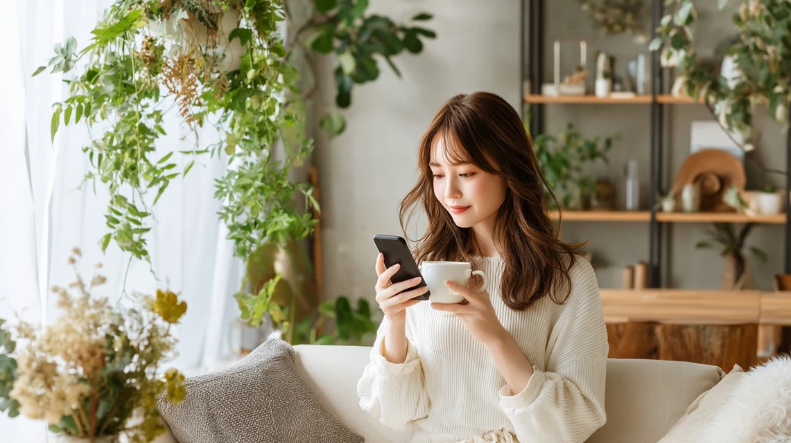 LINE割引を表示する日本人女性の画像
