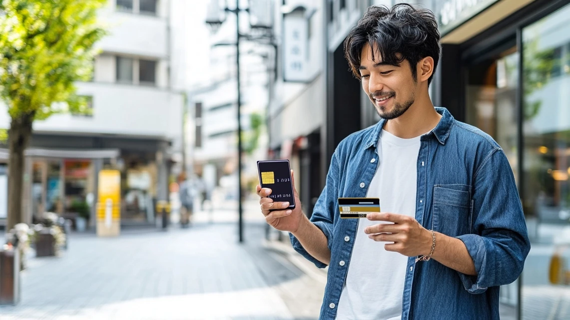 男性がスマホで受け取ったクーポンを確認