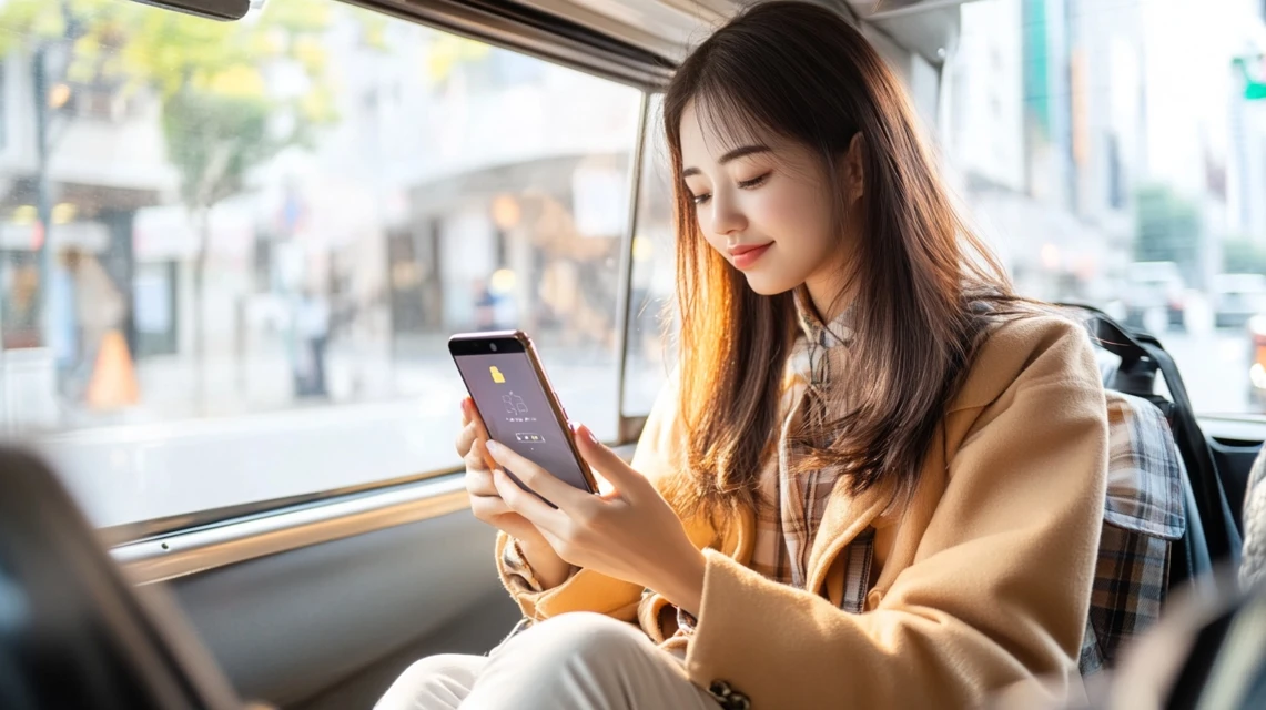 女性が車内でクーポン画面をチェック