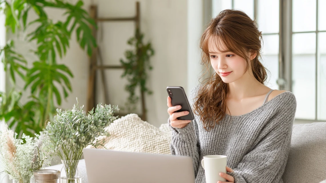 楽天トラベルの自治体クーポン条件を確認する日本人女性