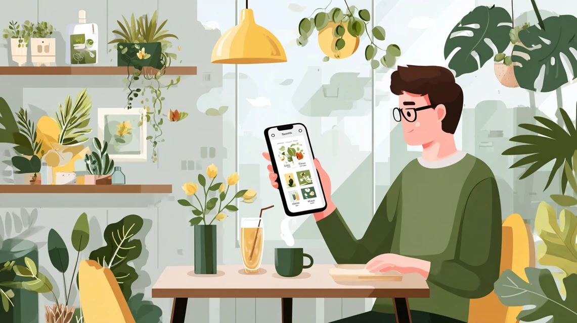 購入先を比較する日本人男性の画像