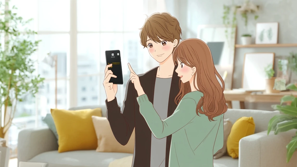 自動適用の仕組みを確認するカップルが画面を見る構図