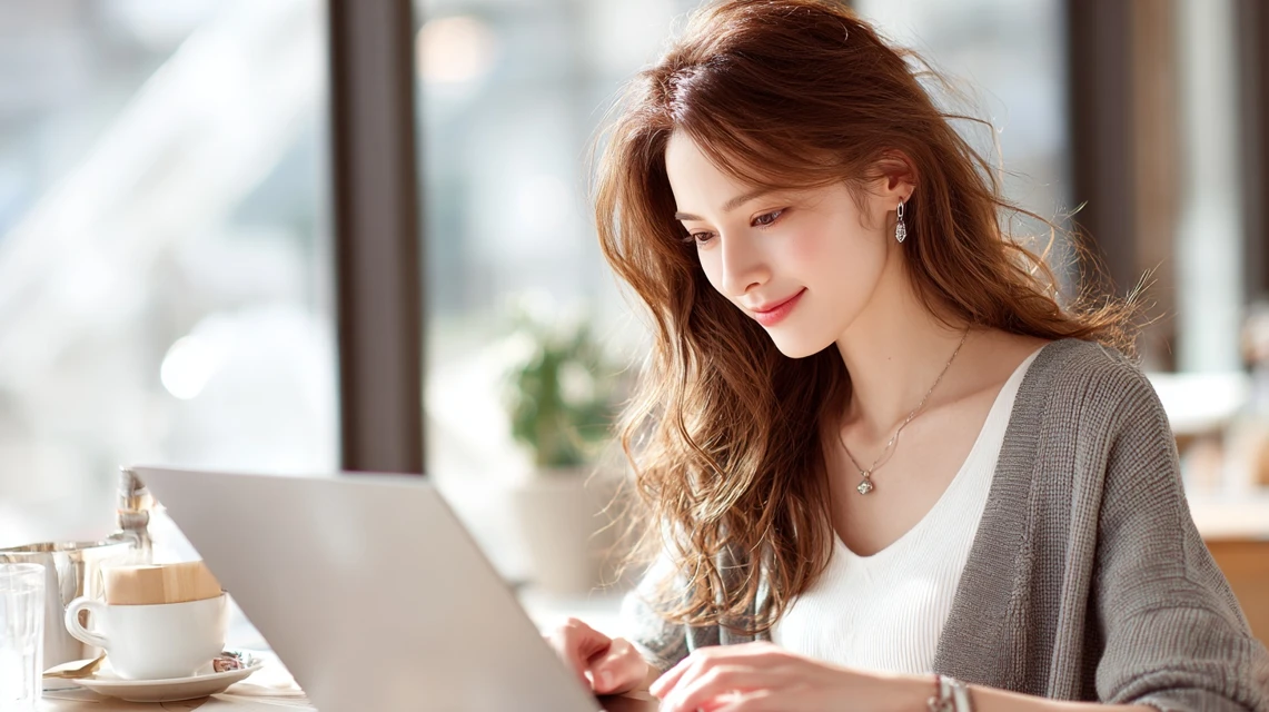 アウトレット情報を見る日本人が画面を確認する構図