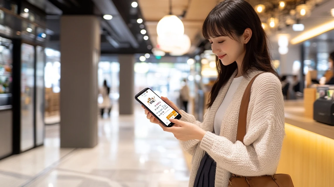 女性がLINEでクーポンを受け取る瞬間