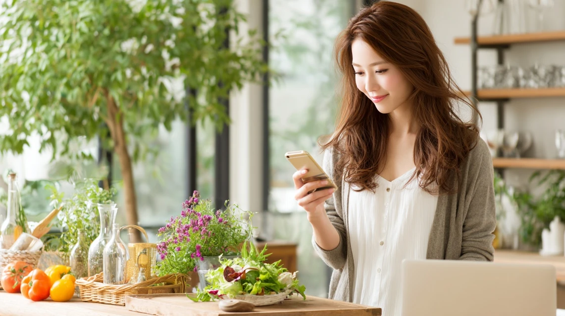 誕生日特典クーポンを入力する笑顔の日本人女性