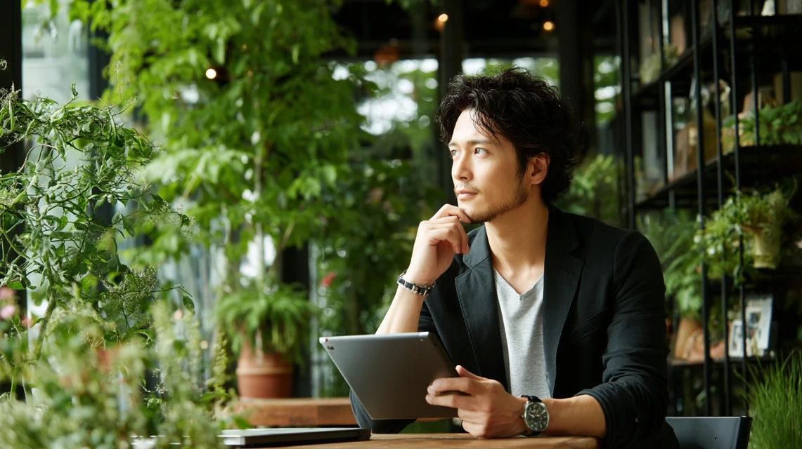 タブレットを見ながら考える日本人男性の姿